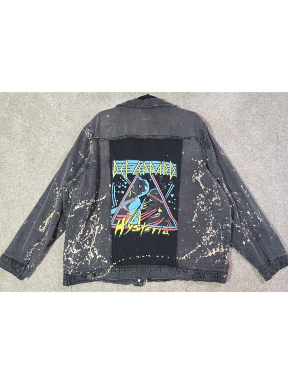OOAK Upcycled Denim Jacket Def Leppard Distressed Patches Buttons Boyfriend XXL